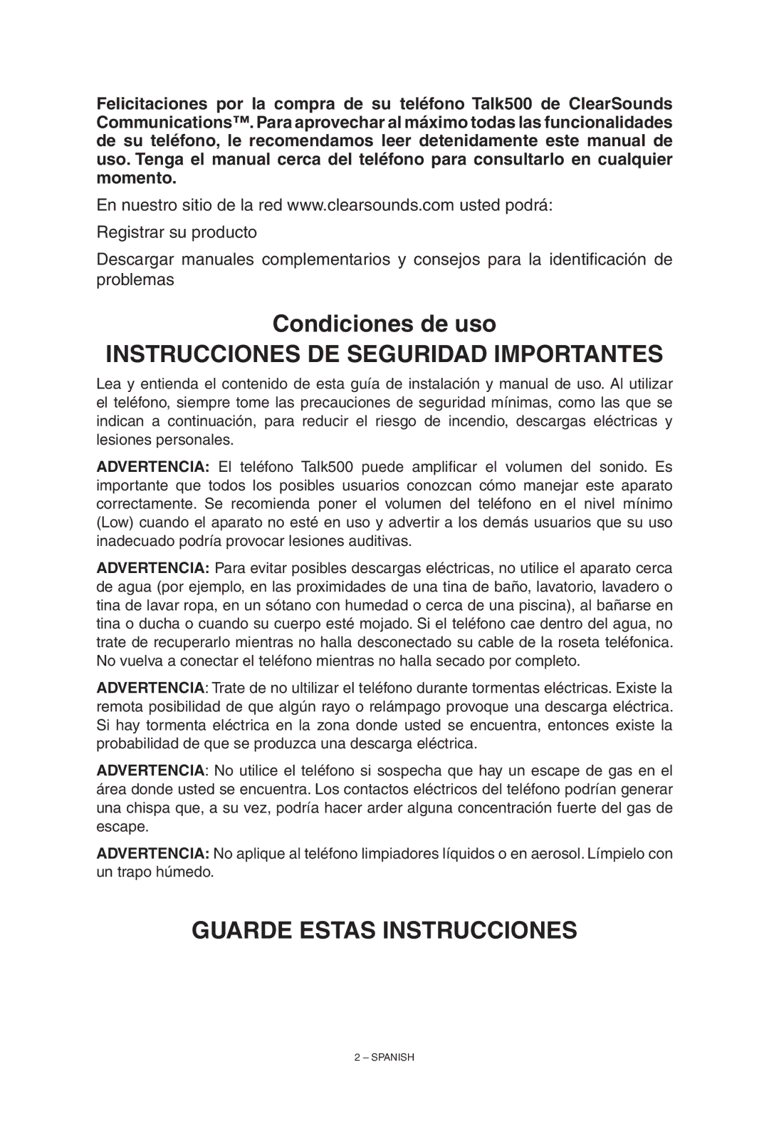 ClearSounds TALK500 manual Instrucciones DE Seguridad Importantes 