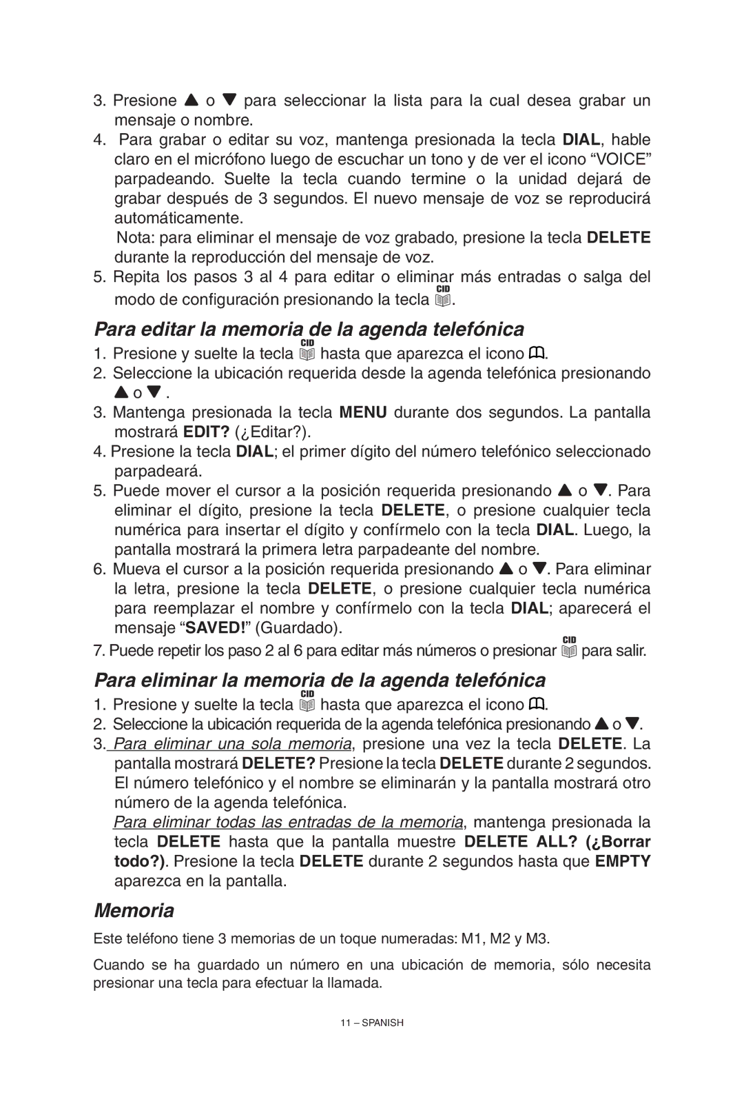 ClearSounds TALK500 manual Para editar la memoria de la agenda telefónica, Para eliminar la memoria de la agenda telefónica 