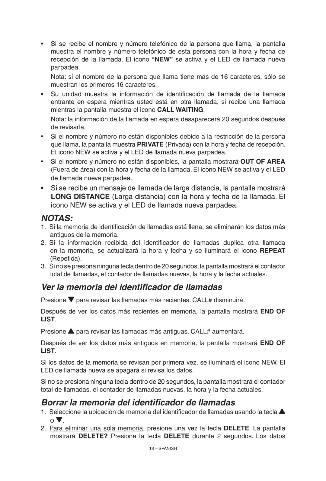 ClearSounds TALK500 manual Ver la memoria del identificador de llamadas, Borrar la memoria del identificador de llamadas 