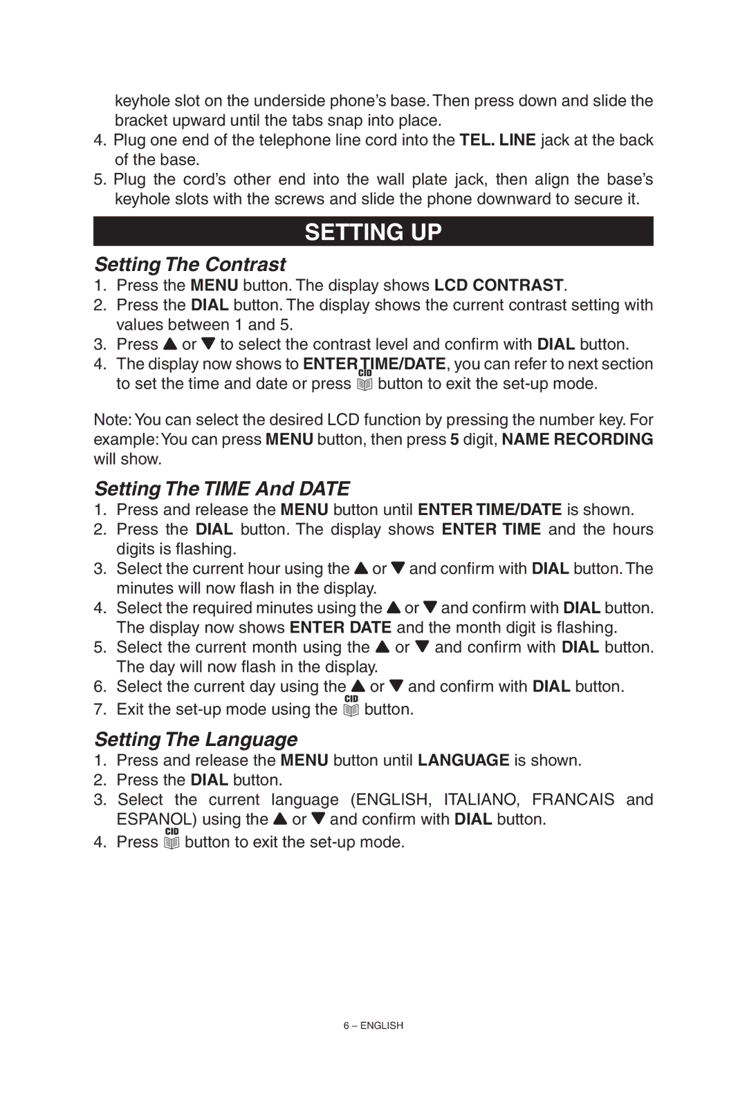 ClearSounds TALK500 manual Setting Up, Setting The Contrast, Setting The Time And Date, Setting The Language 