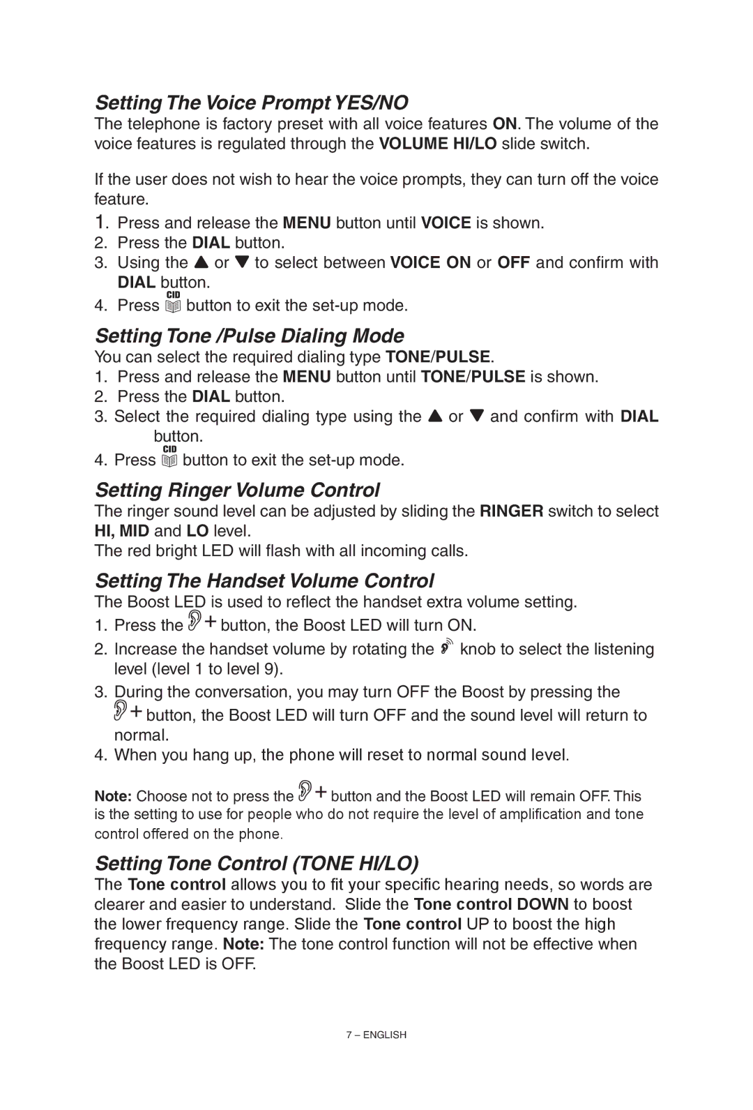 ClearSounds TALK500 manual Setting The Voice Prompt YES/NO, Setting Tone /Pulse Dialing Mode, Setting Ringer Volume Control 