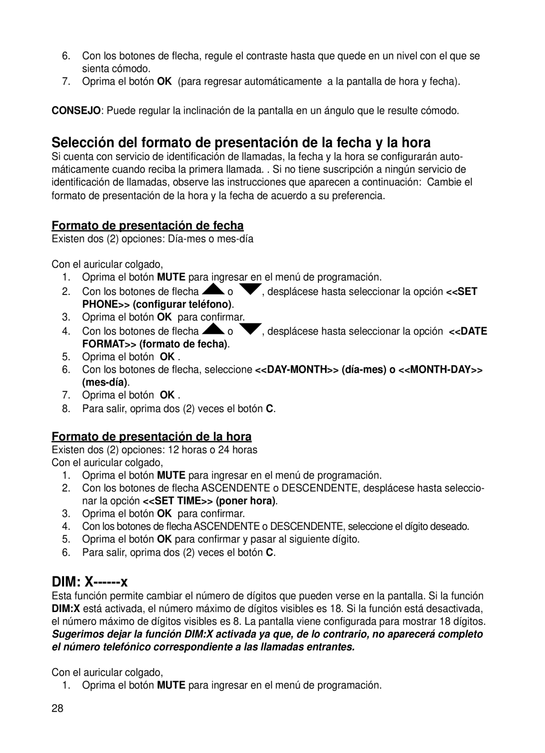 ClearSounds v407 user manual Selección del formato de presentación de la fecha y la hora, Formato de presentación de fecha 