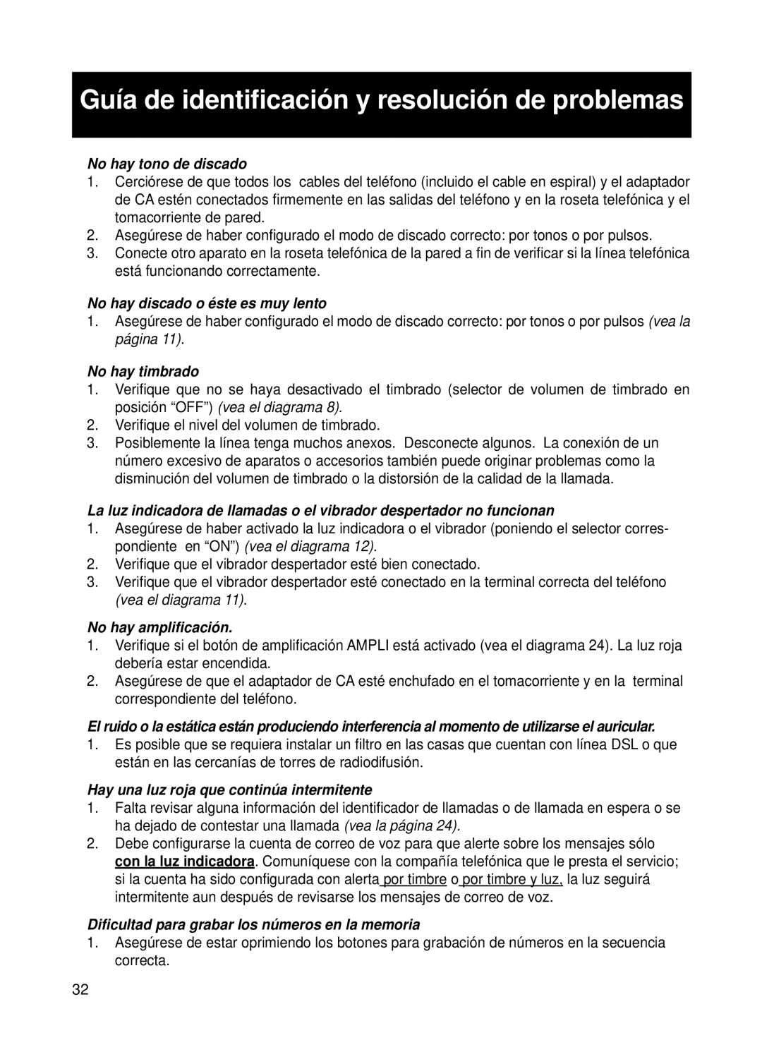 ClearSounds v407 user manual Guía de identiﬁcación y resolución de problemas 