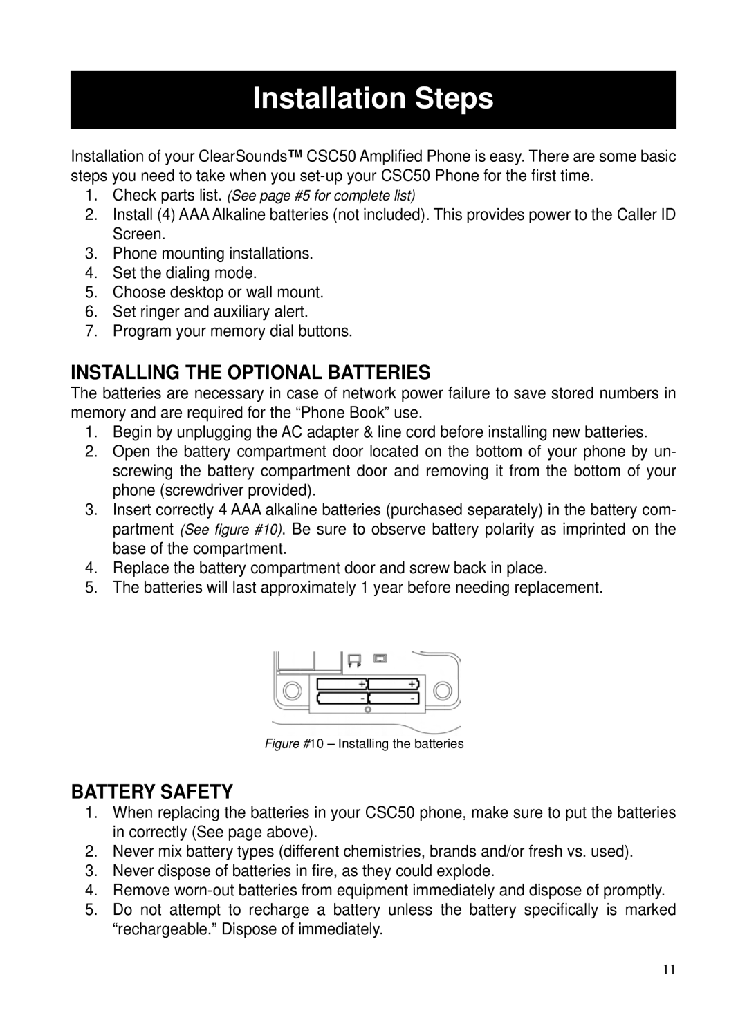 ClearSounds v407 user manual Installation Steps, Installing the Optional Batteries, Battery Safety 