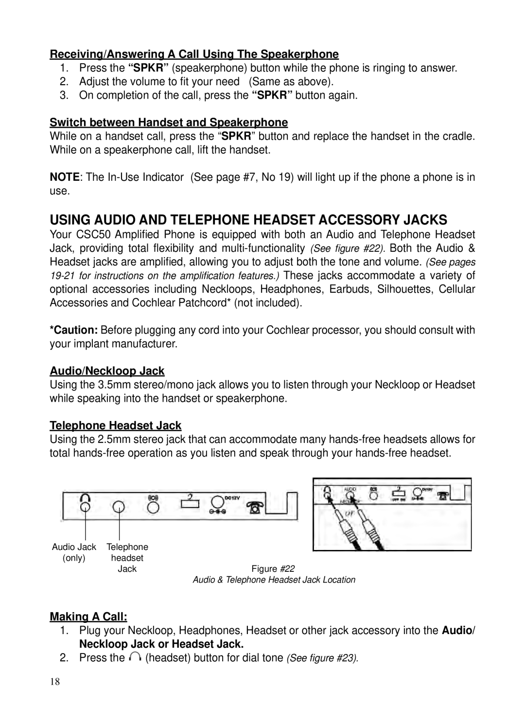 ClearSounds v407 user manual Using Audio and Telephone Headset Accessory Jacks 