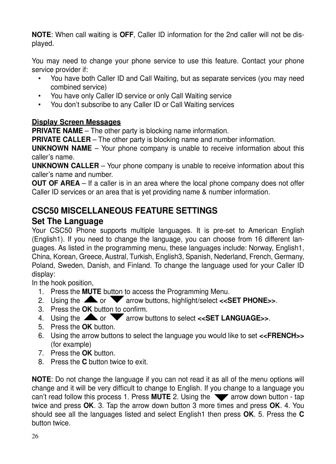 ClearSounds v407 user manual CSC50 Miscellaneous Feature Settings, Set The Language, Display Screen Messages 