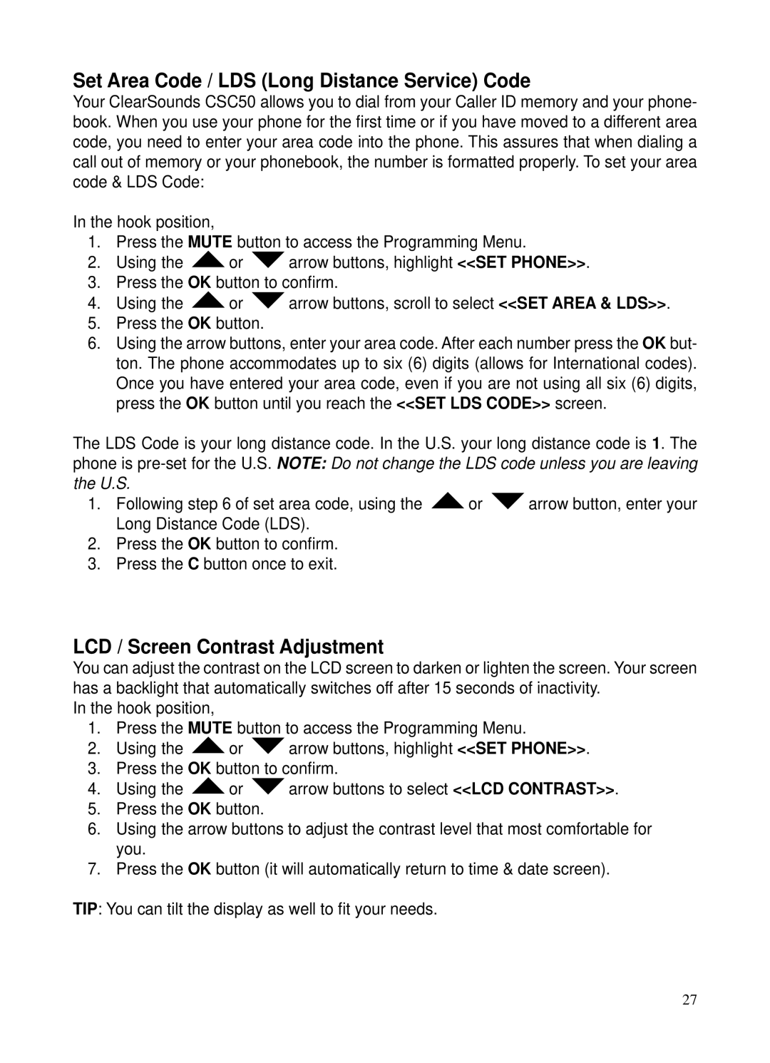 ClearSounds v407 user manual Set Area Code / LDS Long Distance Service Code, LCD / Screen Contrast Adjustment 