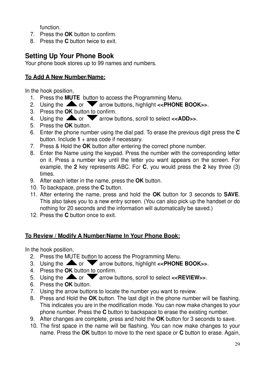 ClearSounds v407 Setting Up Your Phone Book, To Add a New Number/Name, To Review / Modify a Number/Name In Your Phone Book 