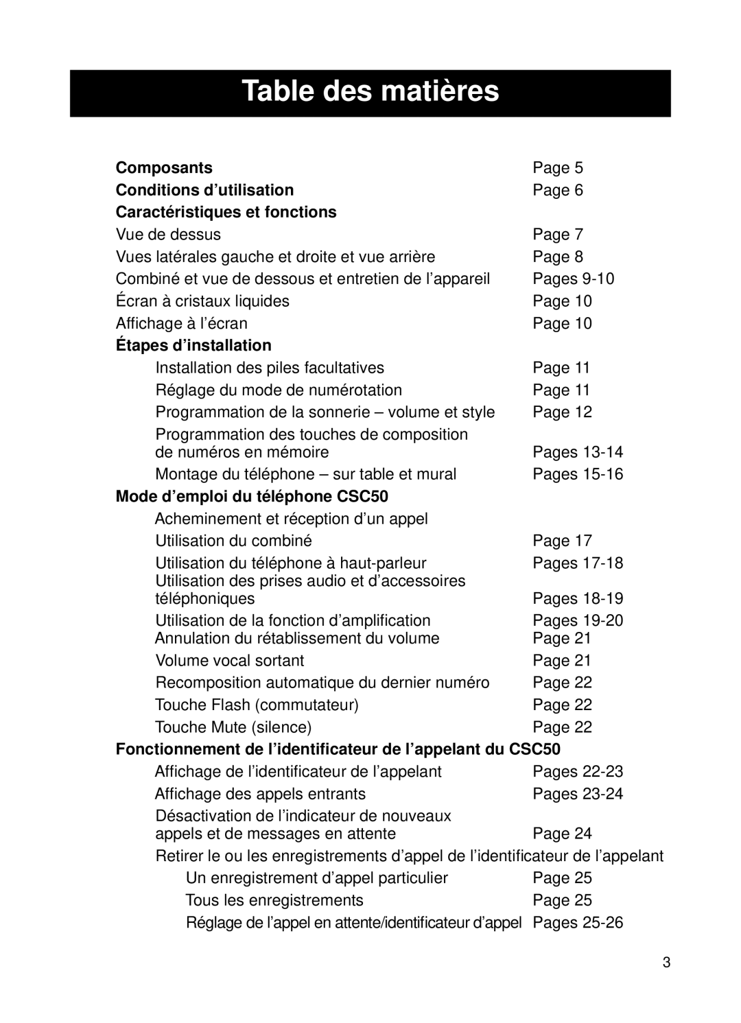 ClearSounds v407 user manual Table des matières, Étapes d’installation, Mode d’emploi du téléphone CSC50 