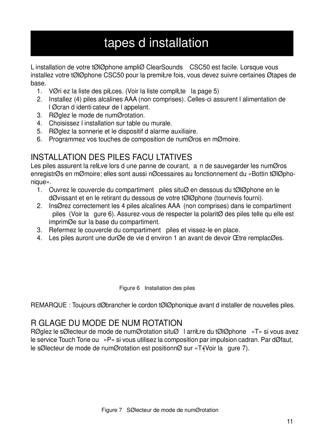 ClearSounds v407 user manual Étapes d’installation, Installation DES Piles Facultatives, Réglage DU Mode DE Numérotation 