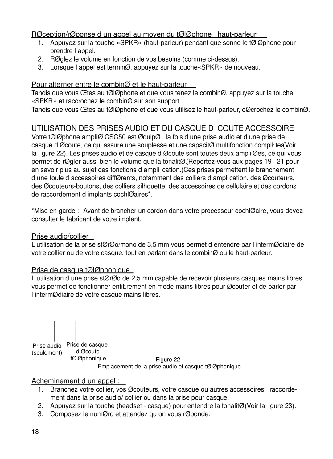 ClearSounds v407 Pour alterner entre le combiné et le haut-parleur, Prise audio/collier, Prise de casque téléphonique 