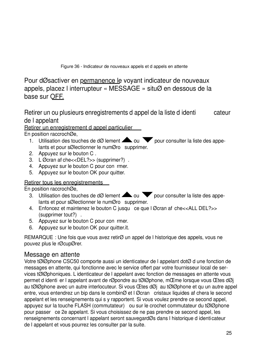 ClearSounds v407 Message en attente, Retirer un enregistrement d’appel particulier, ’écran afﬁcheDEL? supprimer? 