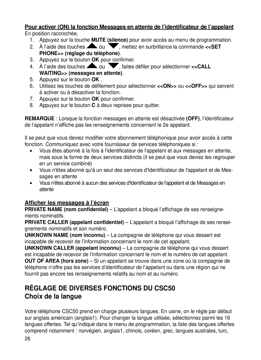 ClearSounds v407 user manual Réglage DE Diverses Fonctions DU CSC50, Choix de la langue, Phone réglage du téléphone 