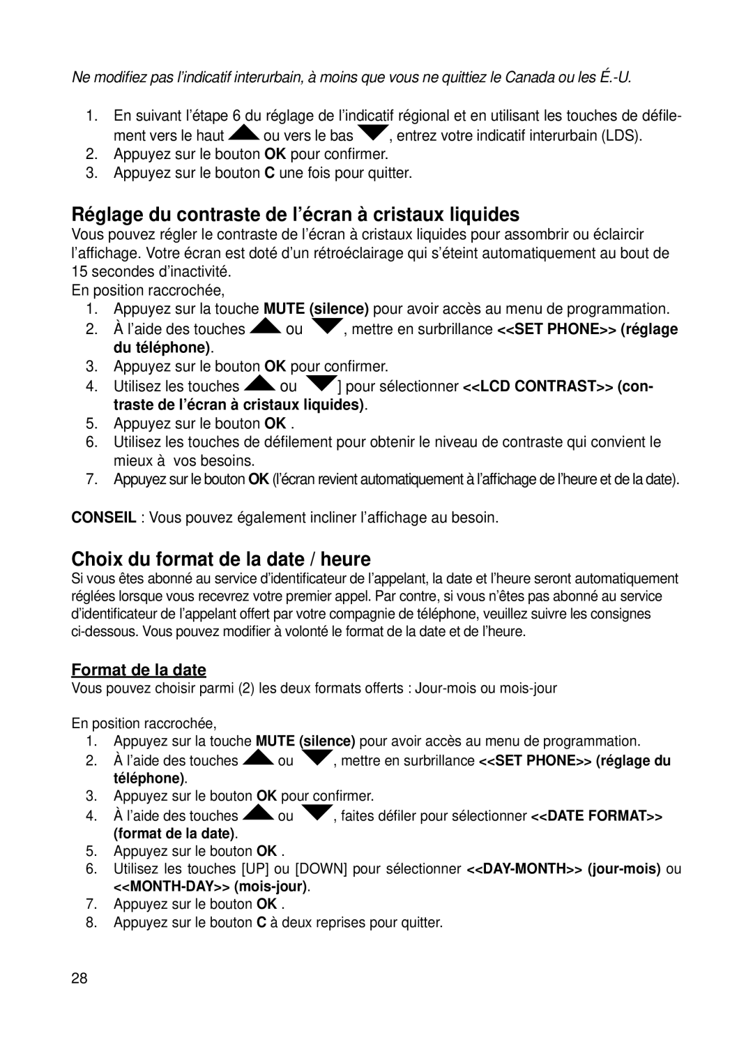 ClearSounds v407 Réglage du contraste de l’écran à cristaux liquides, Choix du format de la date / heure, Du téléphone 