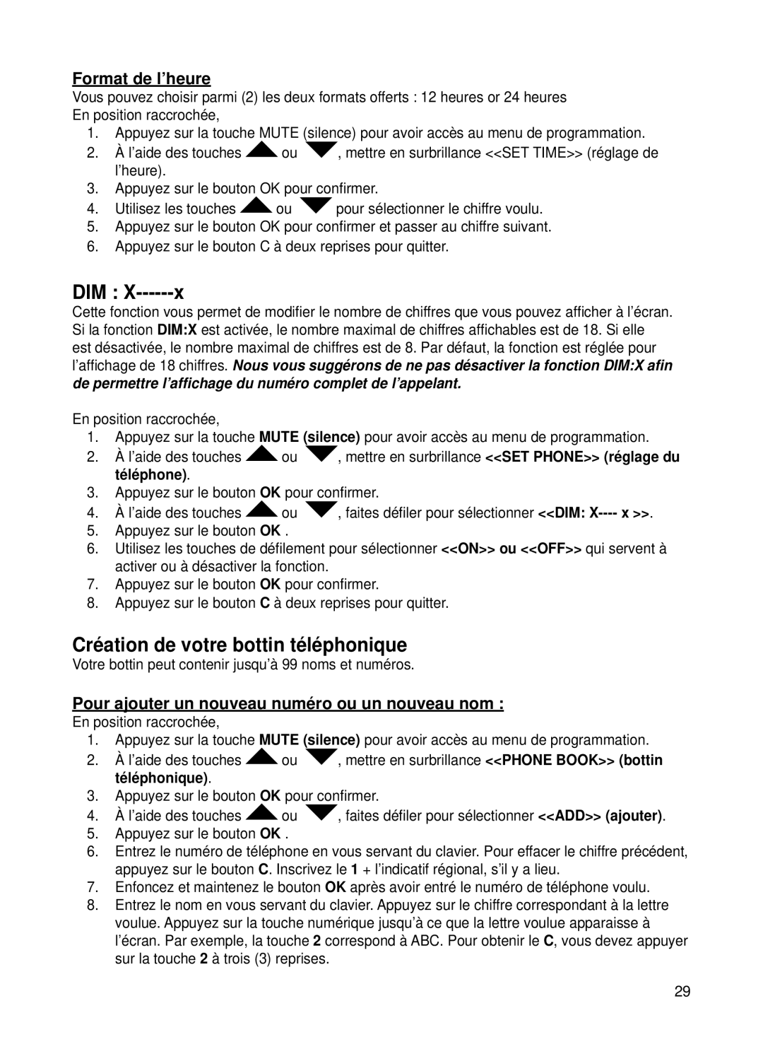 ClearSounds v407 user manual Dim, Création de votre bottin téléphonique, Format de l’heure, L’aide des touches 