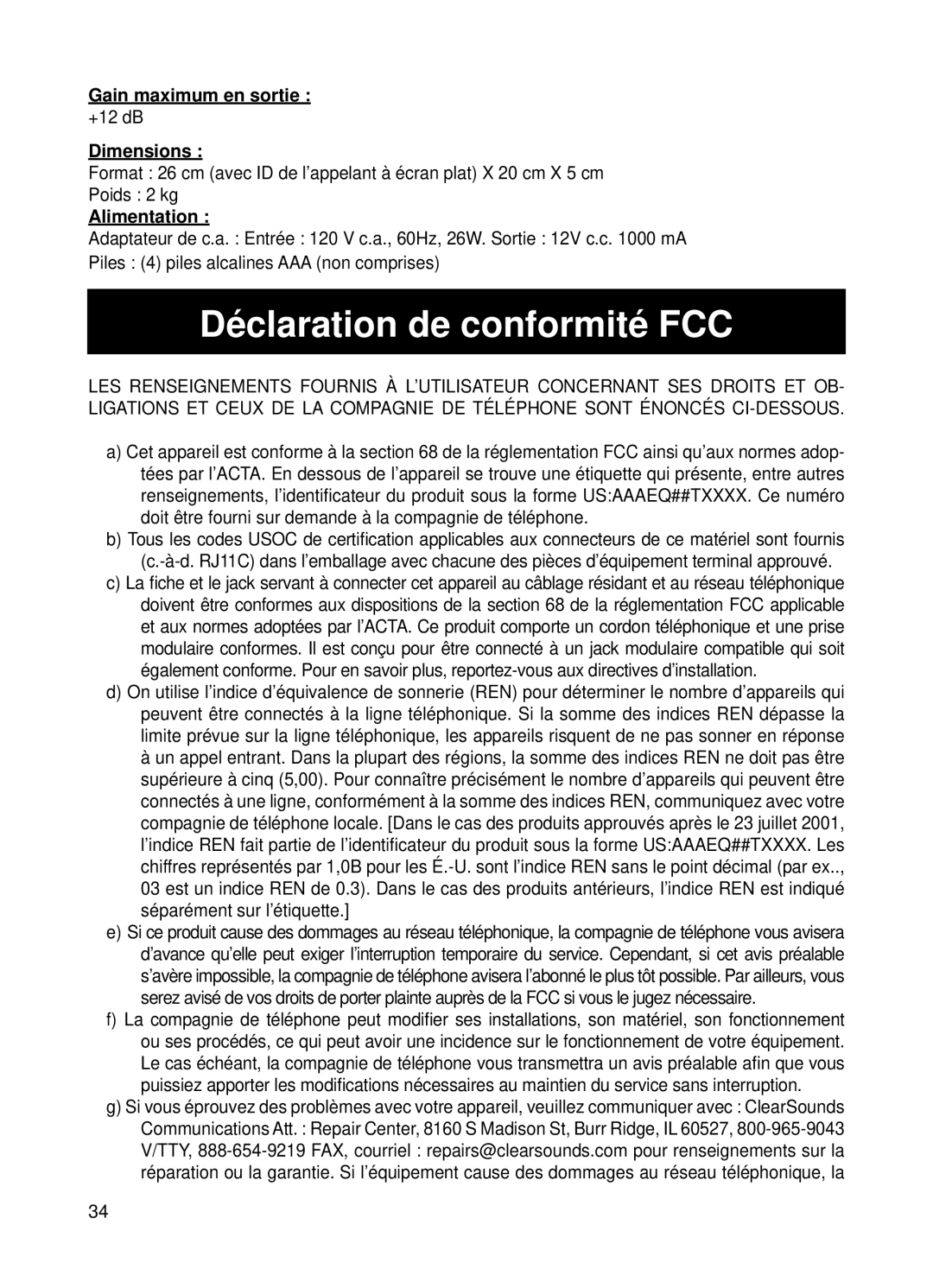 ClearSounds v407 user manual Déclaration de conformité FCC, Gain maximum en sortie, Dimensions, Alimentation 