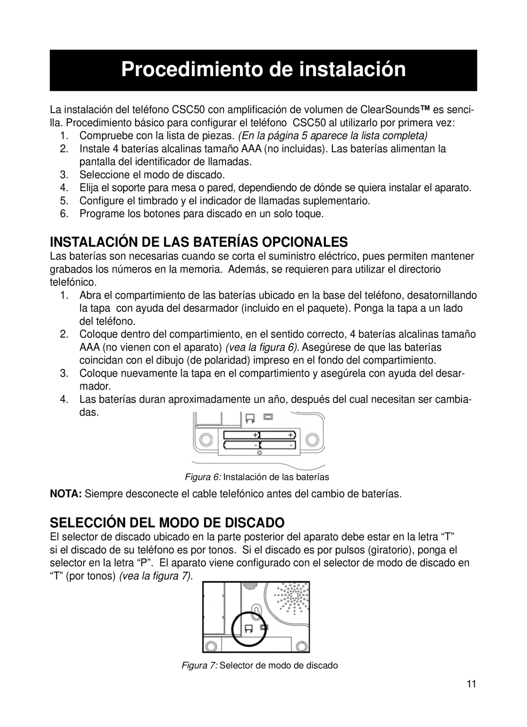 ClearSounds v407 Procedimiento de instalación, Instalación DE LAS Baterías Opcionales, Selección DEL Modo DE Discado 