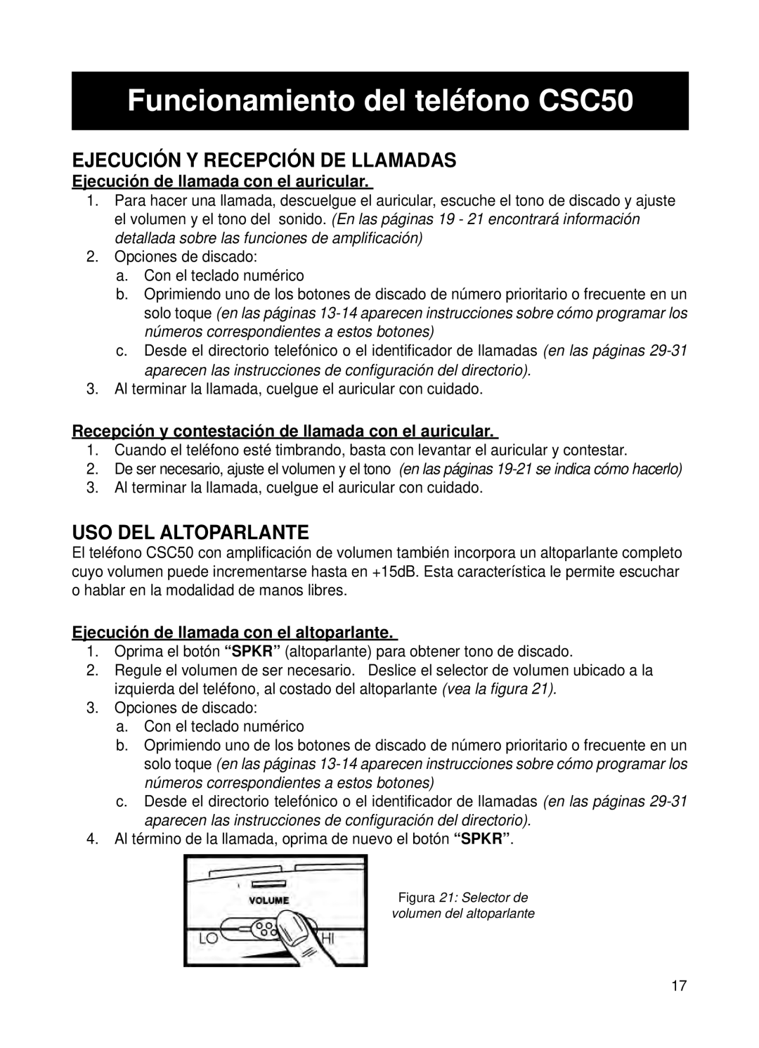 ClearSounds v407 user manual Funcionamiento del teléfono CSC50, Ejecución Y Recepción DE Llamadas, USO DEL Altoparlante 