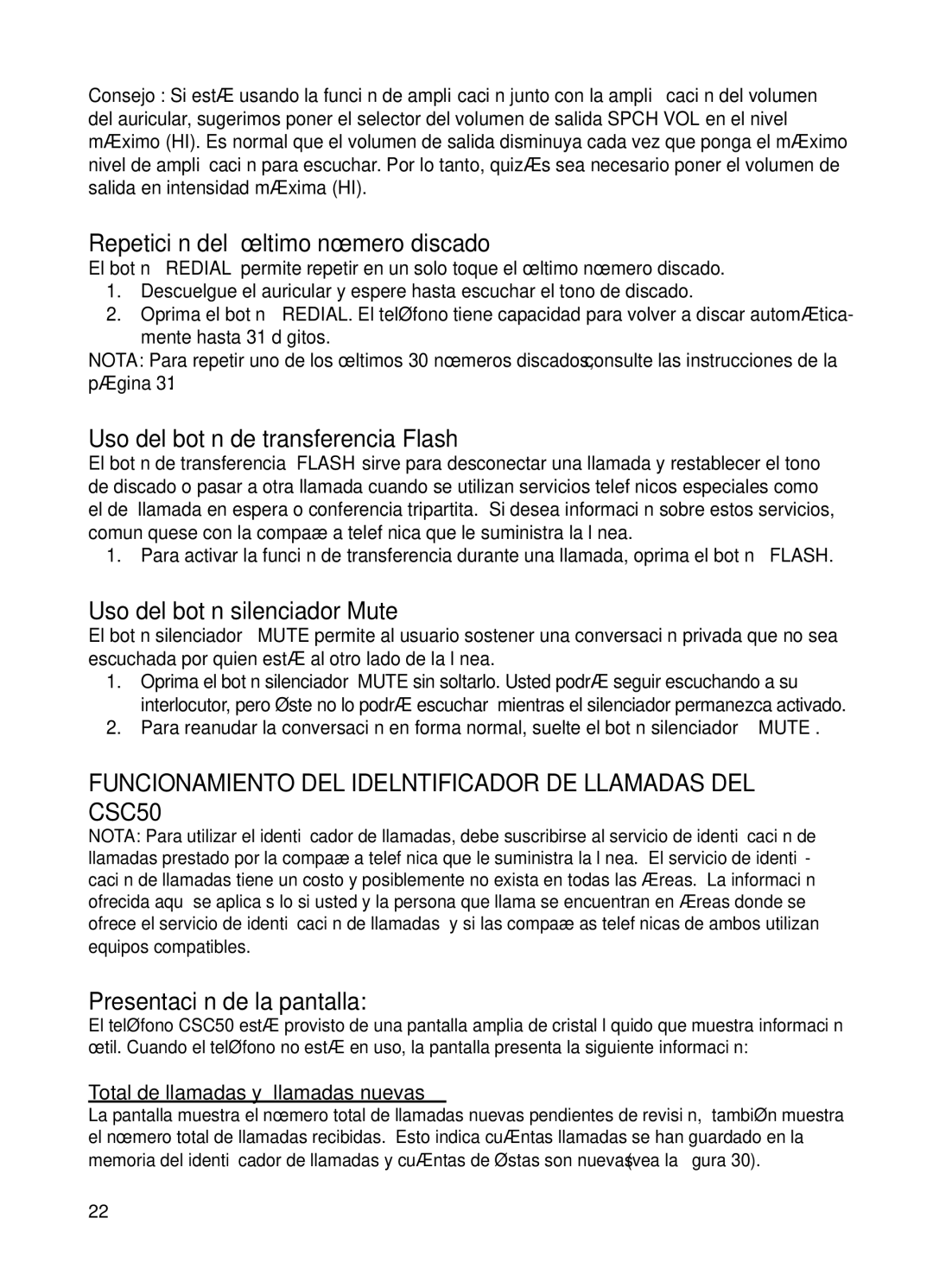 ClearSounds v407 Repetición del último número discado, Uso del botón de transferencia Flash, Presentación de la pantalla 