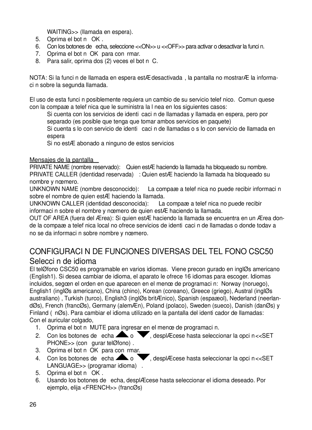 ClearSounds v407 user manual Mensajes de la pantalla, Phone conﬁgurar teléfono, Language programar idioma 