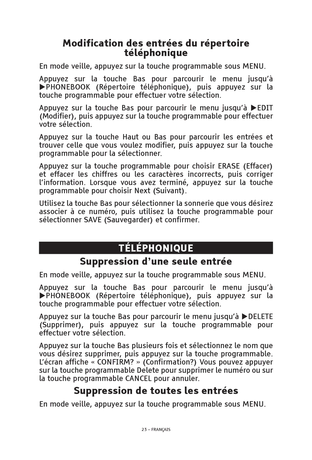 ClearSounds V508 Modification des entrées du répertoire Téléphonique, Suppression des entrées du répertoire Téléphonique 