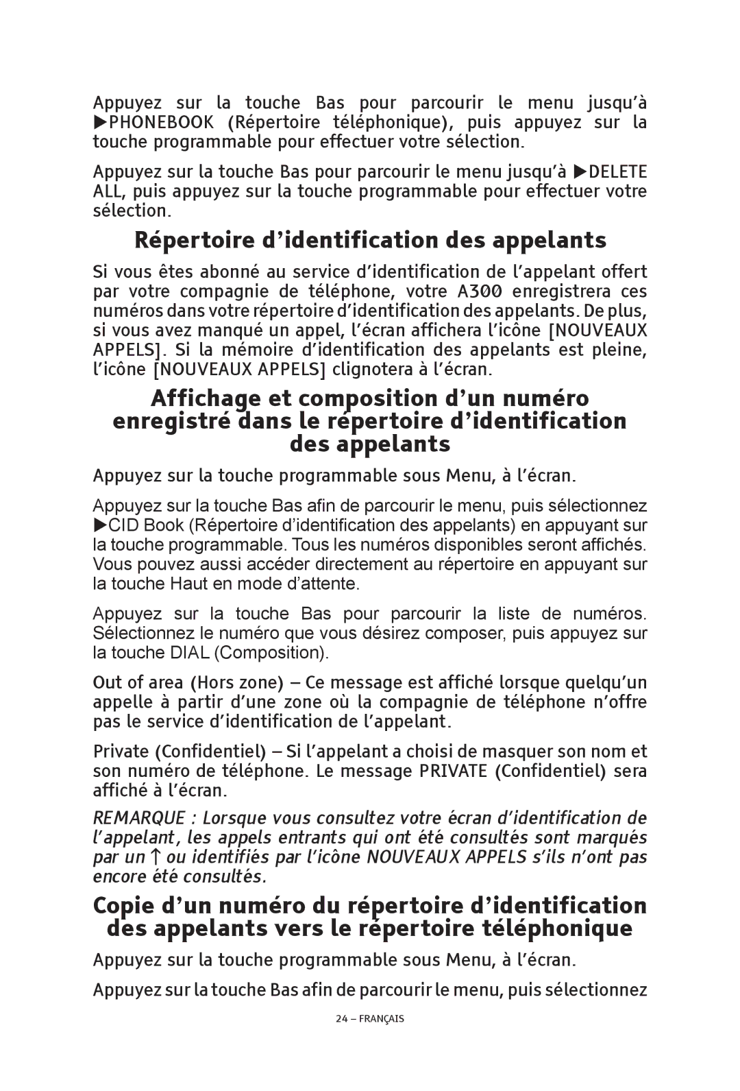 ClearSounds V508 manual Répertoire d’identification des appelants, Appuyez sur la touche programmable sous Menu, à l’écran 