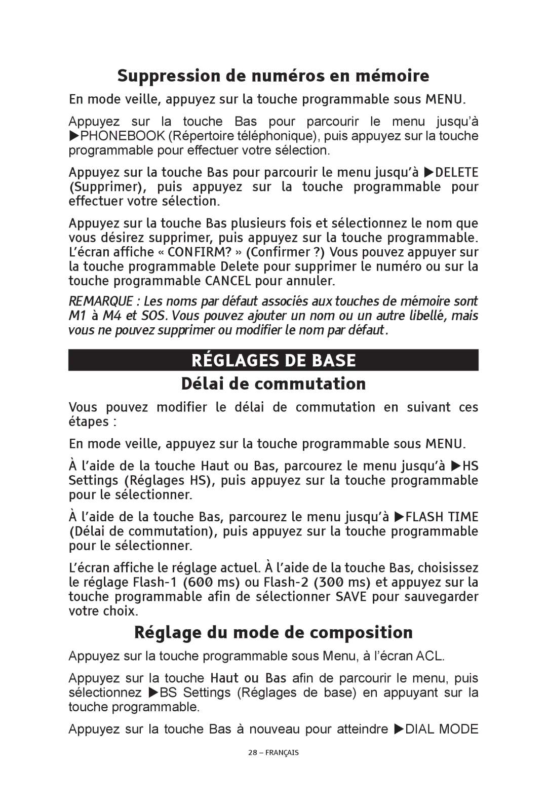 ClearSounds V508 Suppression de numéros en mémoire, Réglages DE Base, Délai de commutation, Réglage du mode de composition 