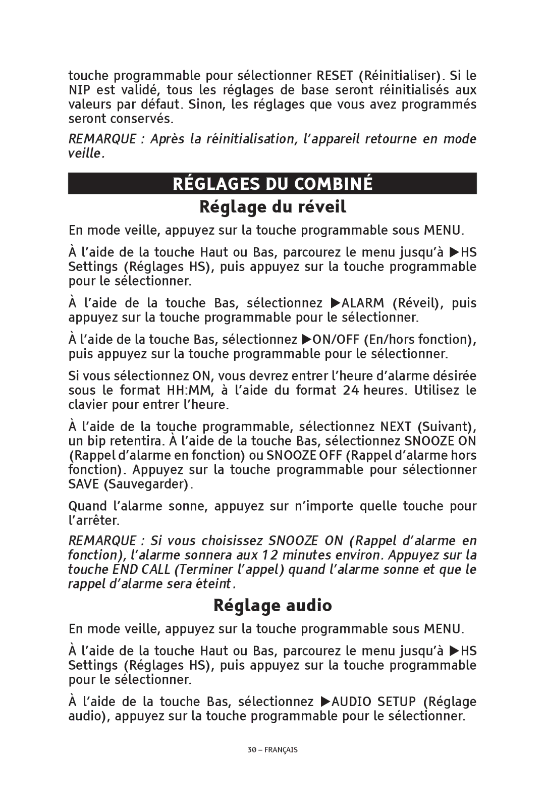 ClearSounds V508 manual Réglages DU Combiné, Réglage du réveil, Réglage audio 