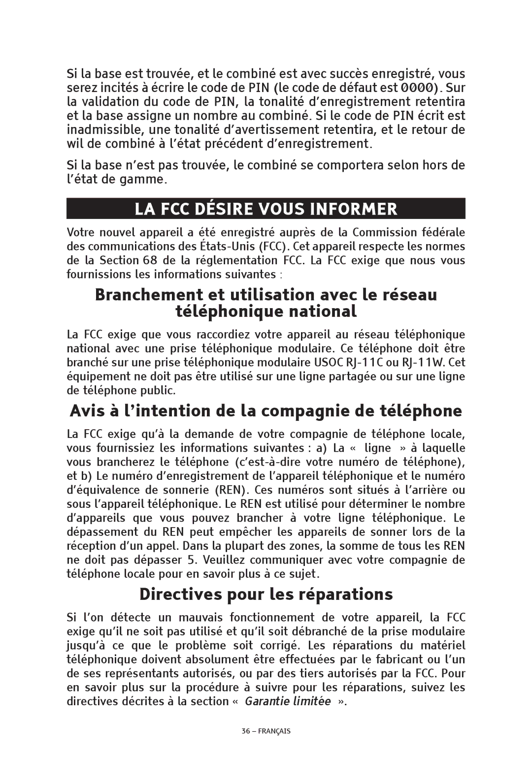 ClearSounds V508 manual LA FCC Désire Vous Informer, Avis à l’intention de la compagnie de téléphone 