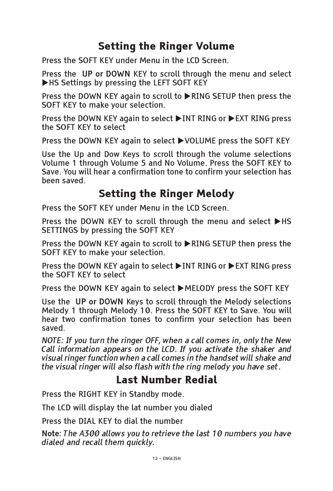 ClearSounds V508 manual Setting the Ringer Volume, Setting the Ringer Melody, Last Number Redial 