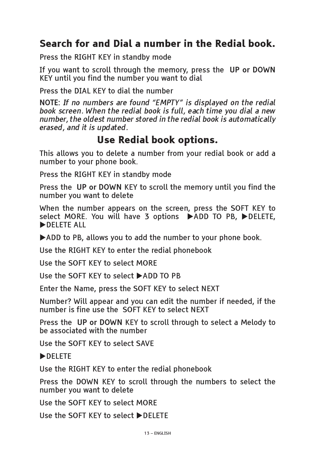 ClearSounds V508 manual Search for and Dial a number in the Redial book, Use Redial book options 