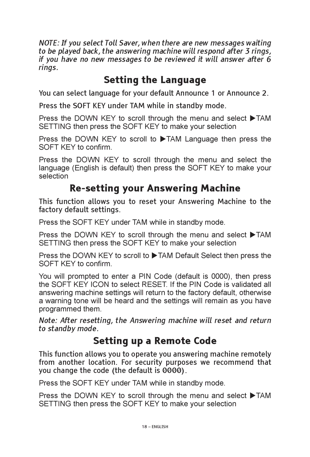 ClearSounds V508 manual Setting the Language, Re-setting your Answering Machine, Setting up a Remote Code 