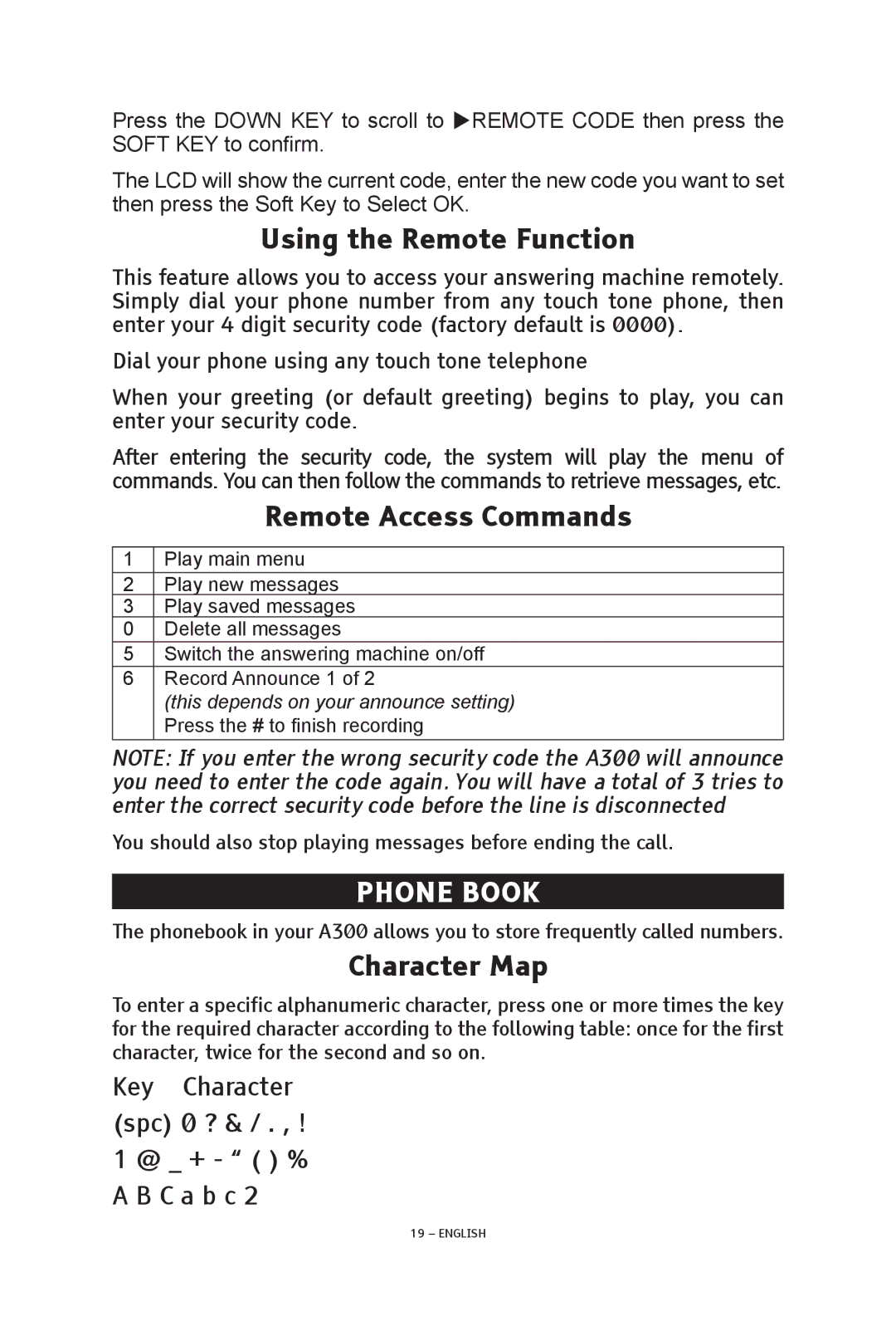 ClearSounds V508 manual Using the Remote Function, Remote Access Commands, Phone Book, Character Map 