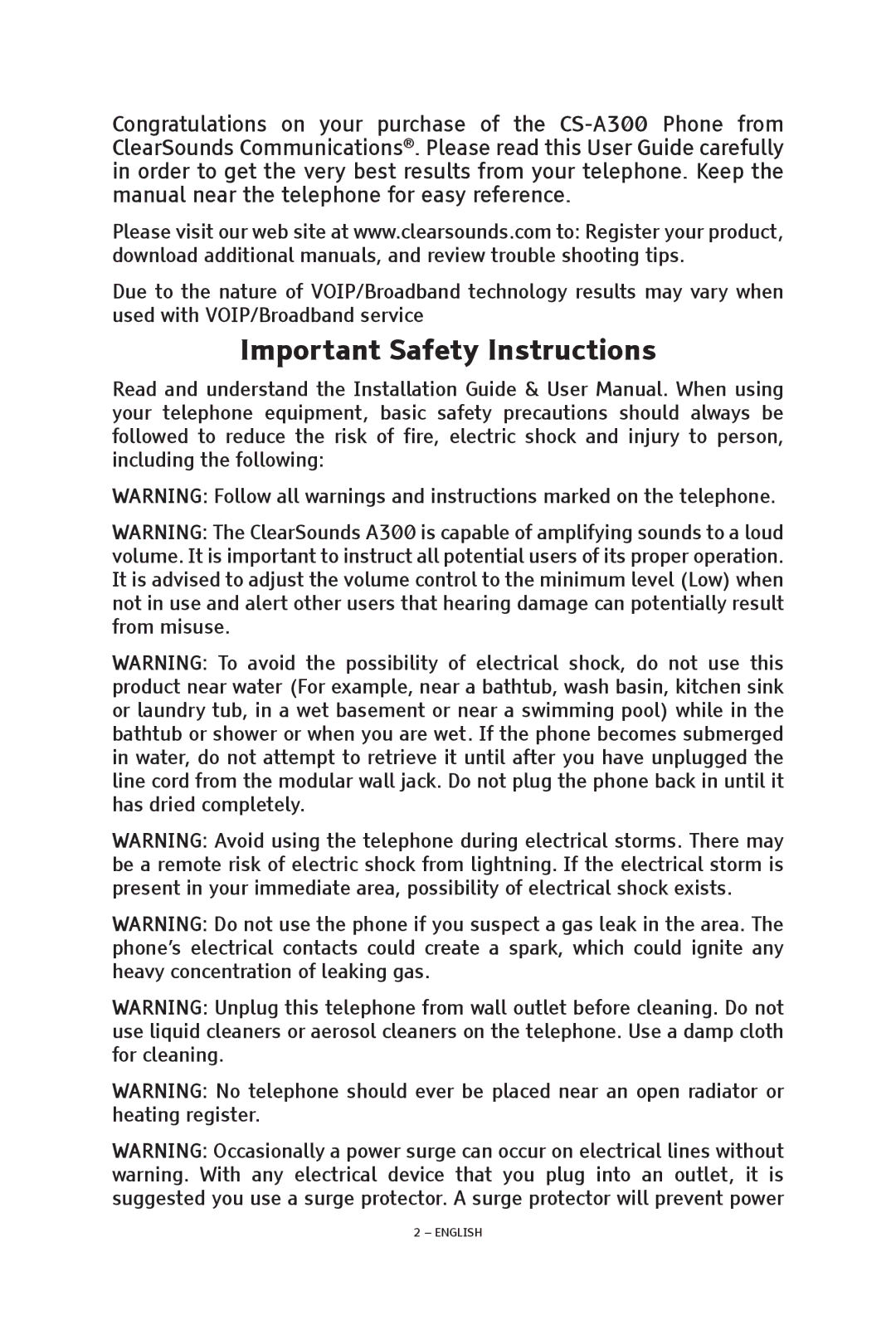 ClearSounds V508 manual Important Safety Instructions 