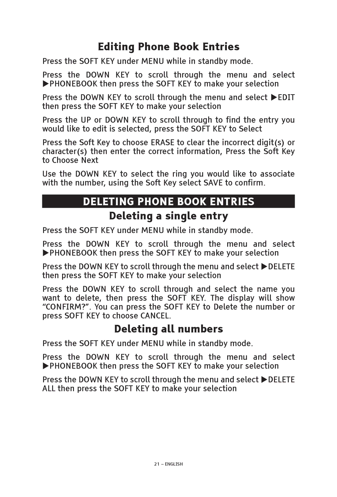 ClearSounds V508 Editing Phone Book Entries, Deleting Phone Book Entries, Deleting a single entry, Deleting all numbers 