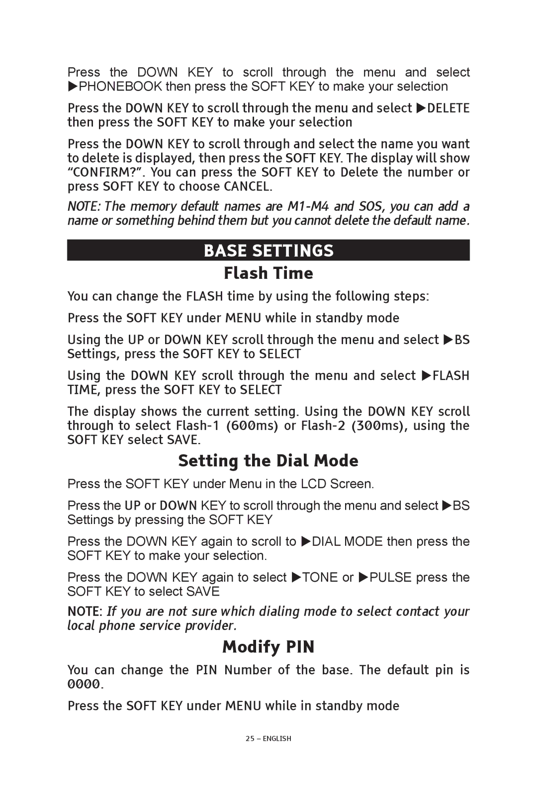 ClearSounds V508 manual Base Settings, Flash Time, Setting the Dial Mode, Modify PIN 