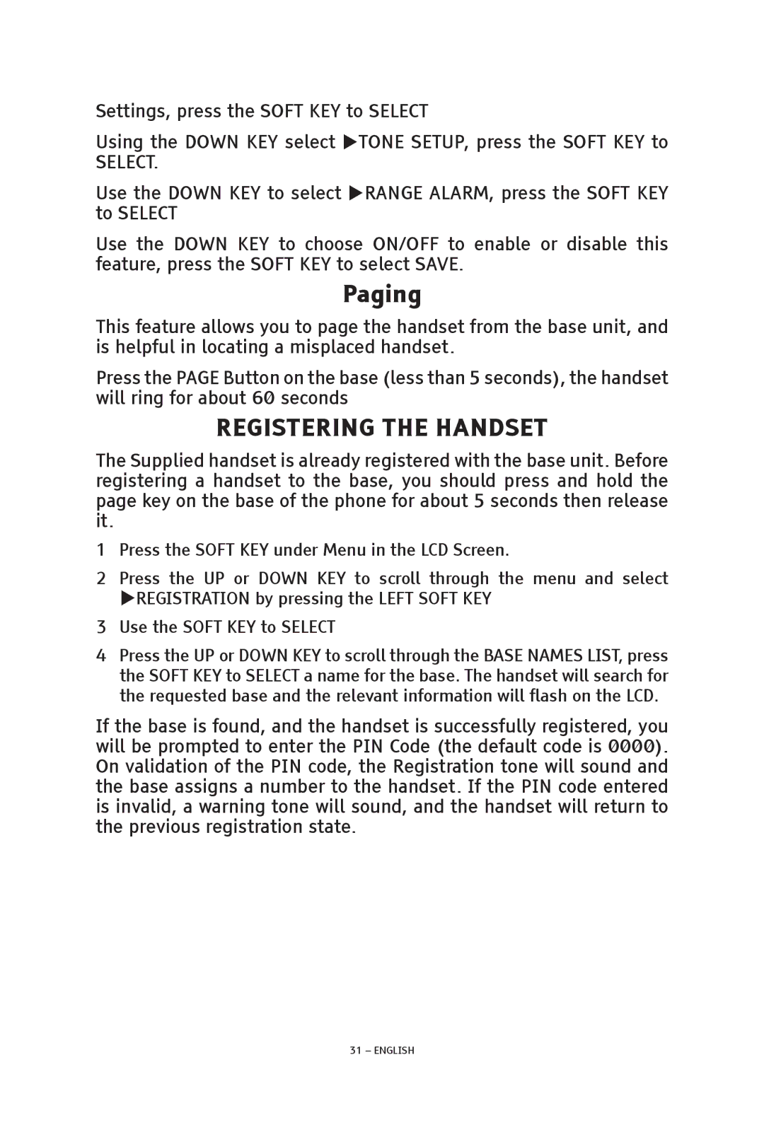 ClearSounds V508 manual Paging, Registering the Handset 