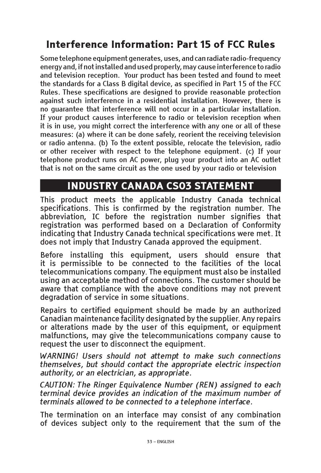 ClearSounds V508 manual Interference Information Part 15 of FCC Rules, Industry Canada CS03 Statement 