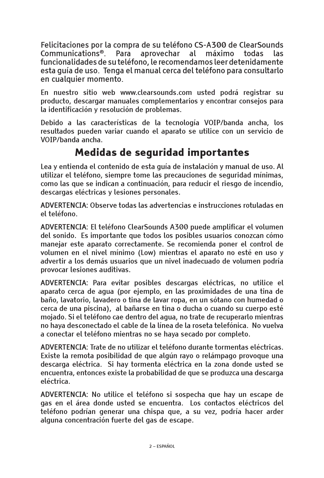 ClearSounds V508 manual Medidas de seguridad importantes 