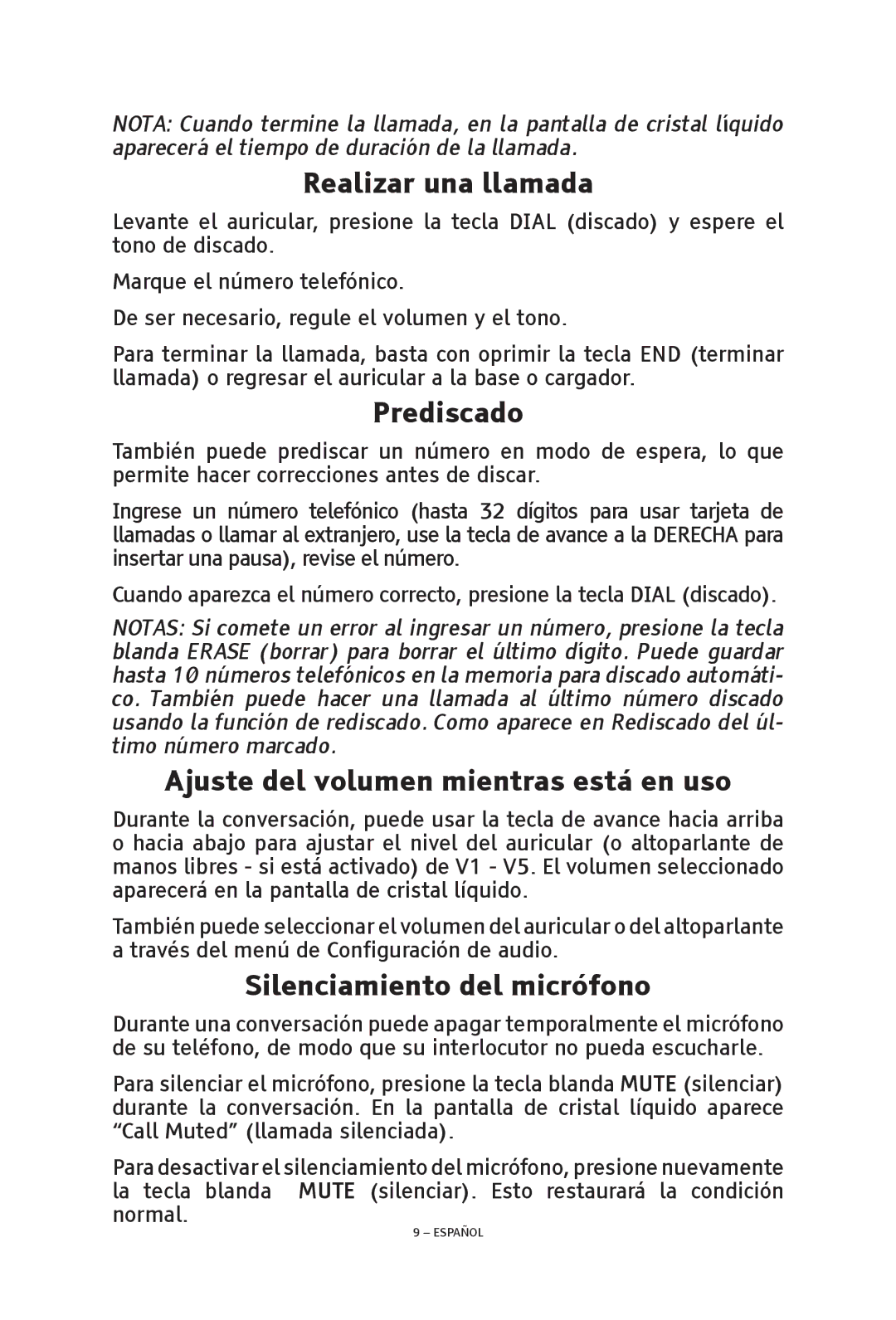 ClearSounds V508 Realizar una llamada, Prediscado, Ajuste del volumen mientras está en uso, Silenciamiento del micrófono 