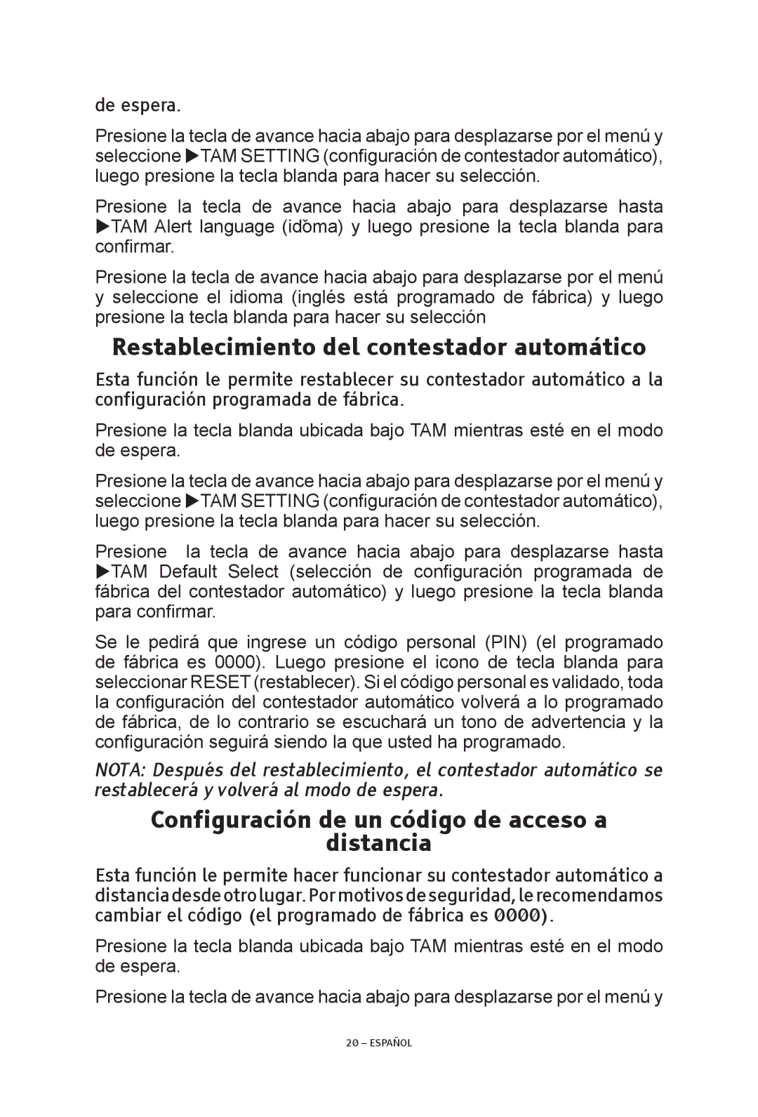 ClearSounds V508 manual Restablecimiento del contestador automático, Configuración de un código de acceso a Distancia 