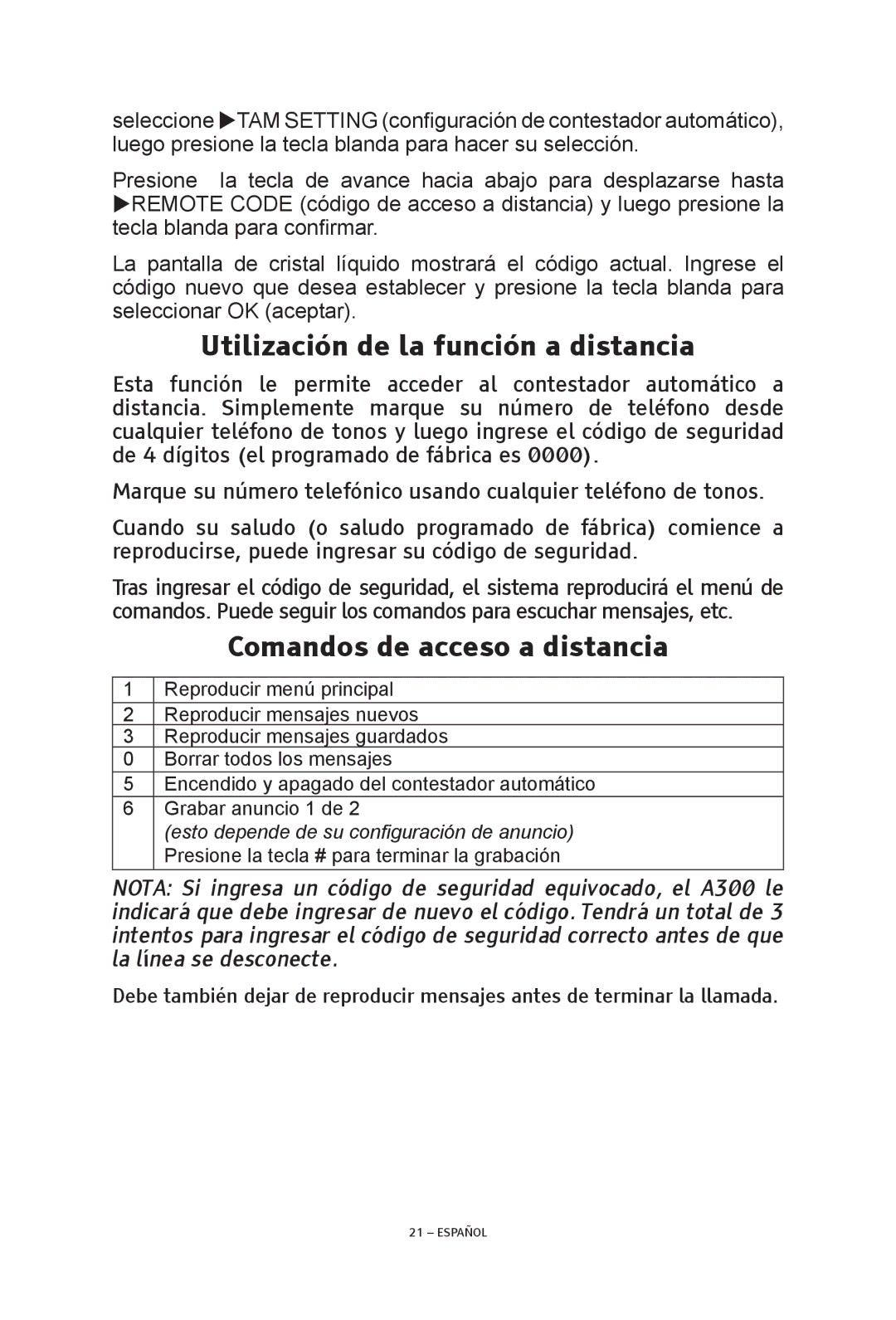 ClearSounds V508 manual Utilización de la función a distancia, Comandos de acceso a distancia 