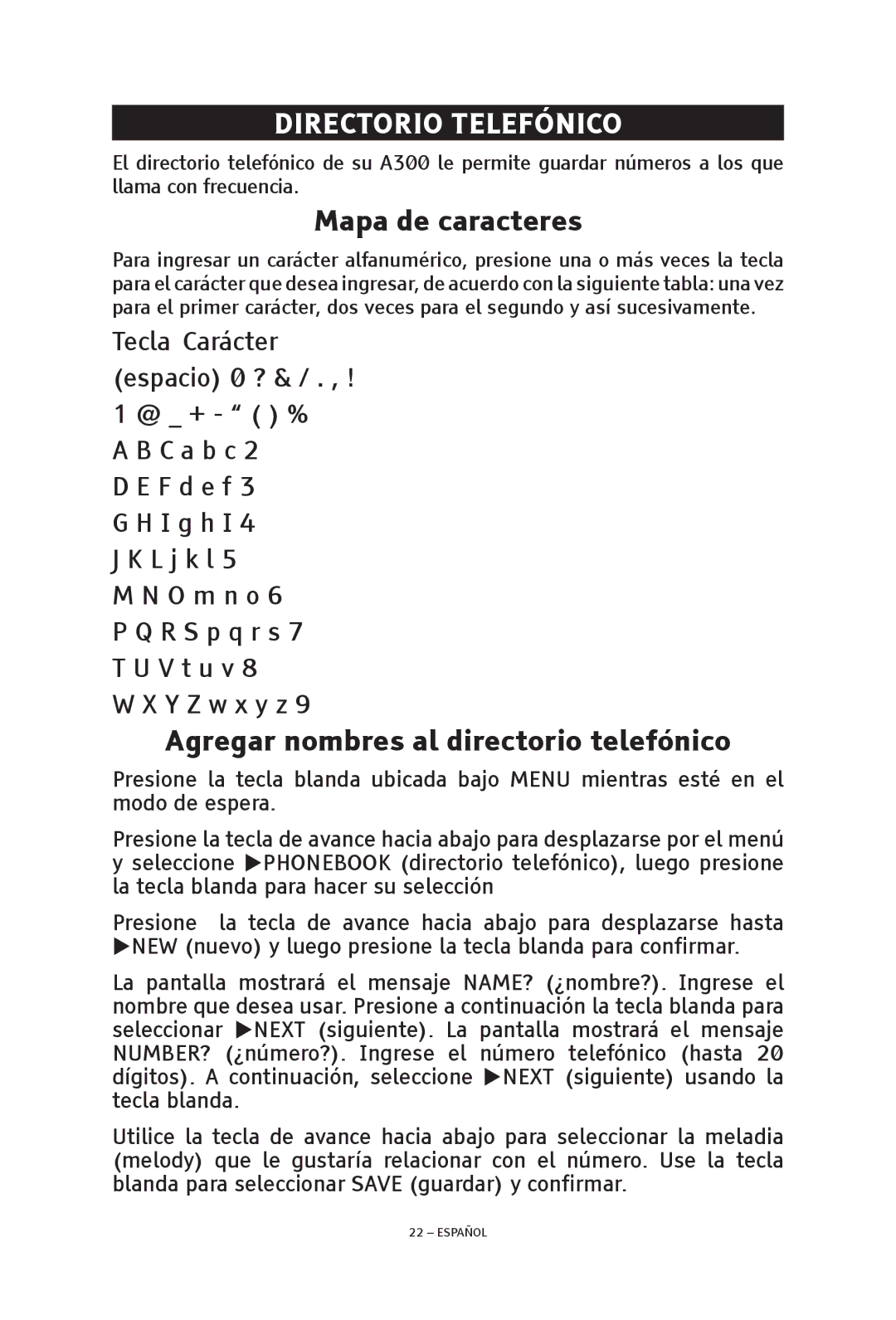 ClearSounds V508 manual Directorio telefónico, Mapa de caracteres, Agregar nombres al directorio telefónico 