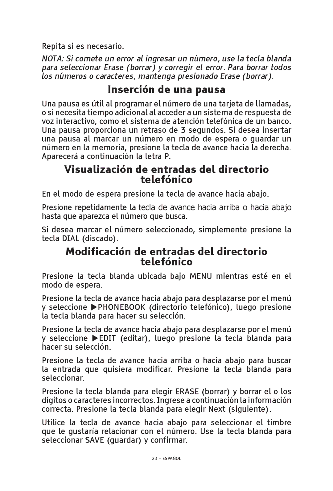 ClearSounds V508 manual Inserción de una pausa, Visualización de entradas del directorio Telefónico 