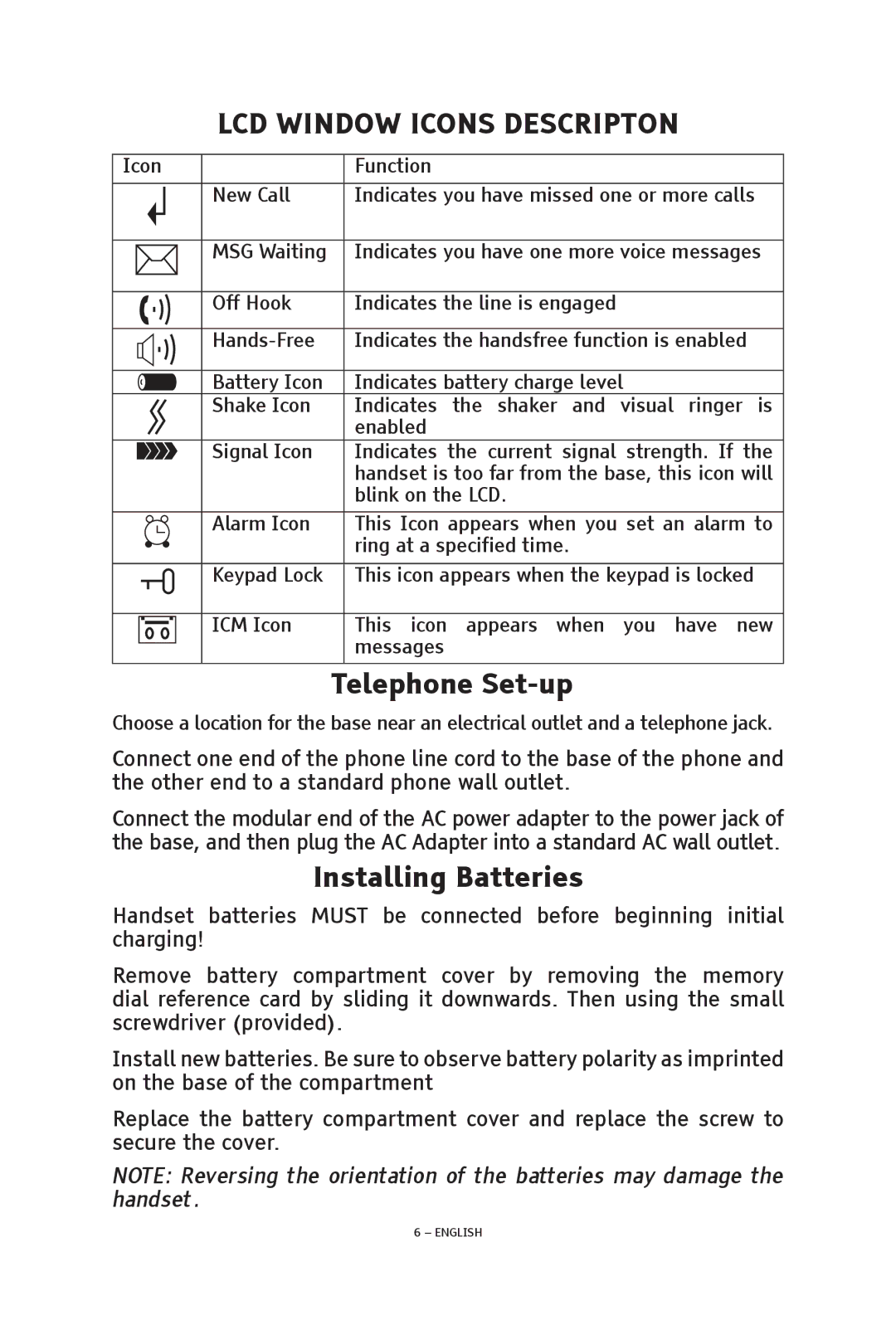 ClearSounds V508 manual LCD Window Icons Descripton, Telephone Set-up, Installing Batteries 