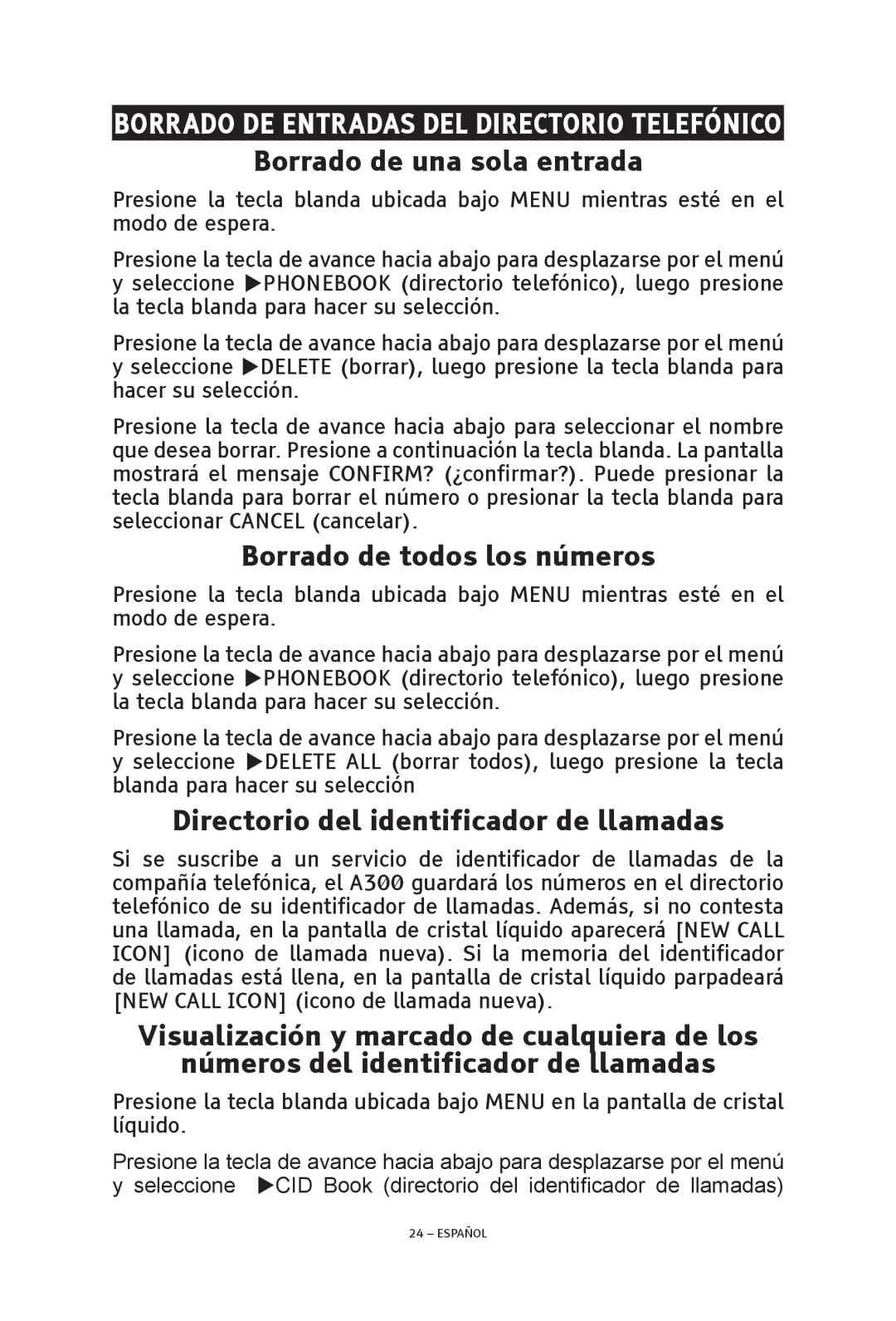 ClearSounds V508 Borrado de entradas del directorio telefónico, Borrado de una sola entrada, Borrado de todos los números 