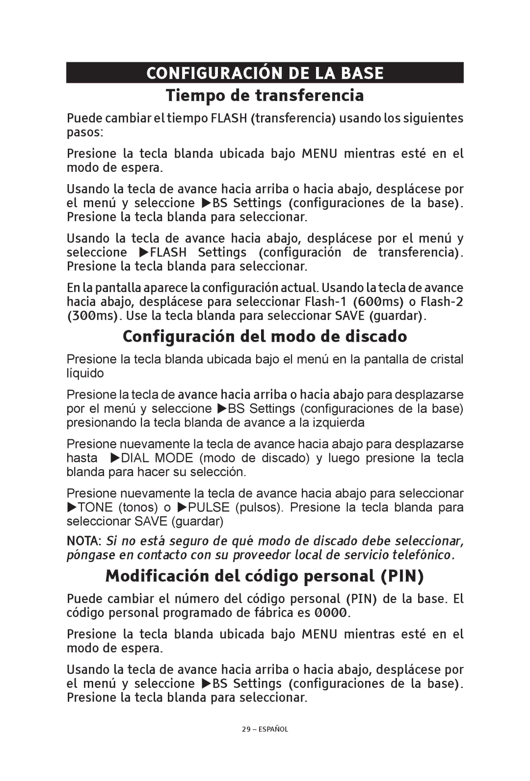 ClearSounds V508 manual Configuración DE LA Base, Tiempo de transferencia, Configuración del modo de discado 