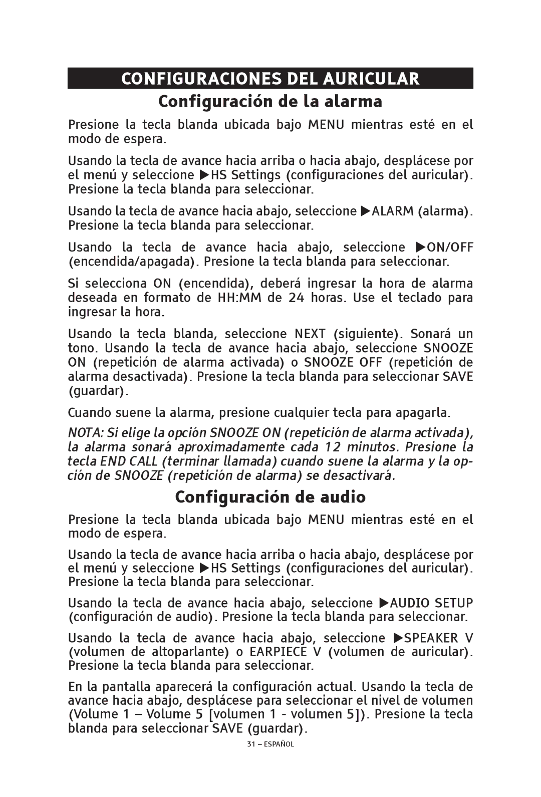 ClearSounds V508 manual Configuraciones DEL Auricular, Configuración de la alarma, Configuración de audio 