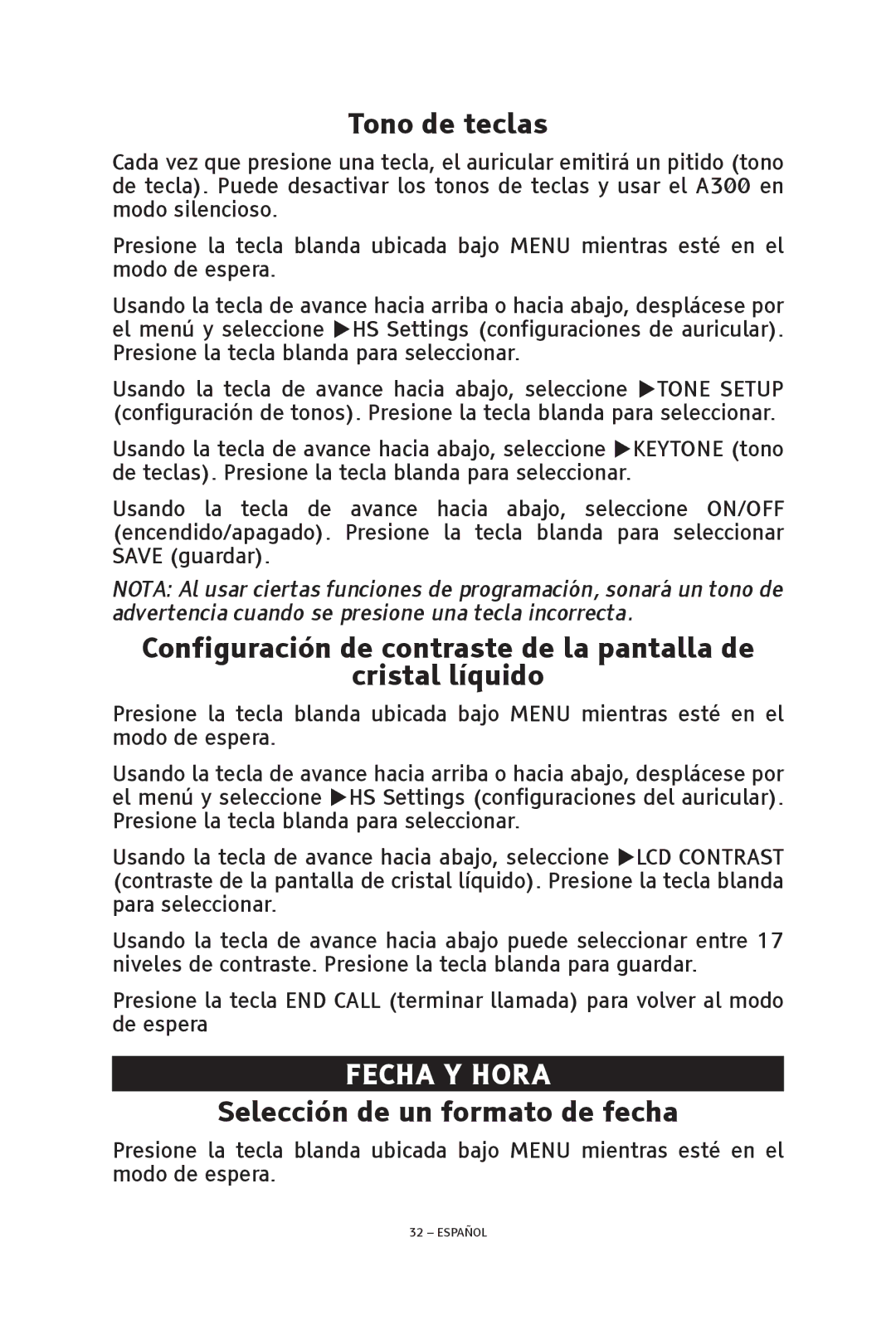 ClearSounds V508 manual Tono de teclas, Fecha y hora, Selección de un formato de fecha 