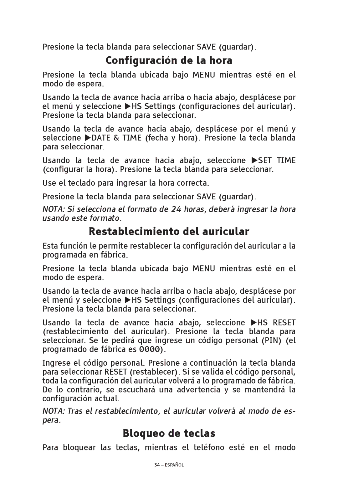 ClearSounds V508 manual Configuración de la hora, Restablecimiento del auricular, Bloqueo de teclas 